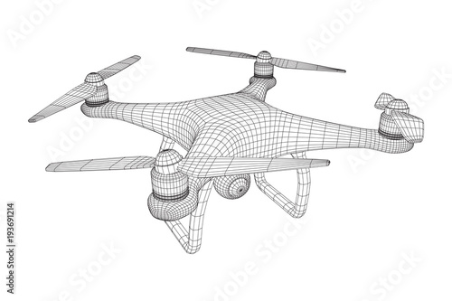 Remote control air drone. Dron flying with action video camera. Wireframe low poly mesh vector illustration