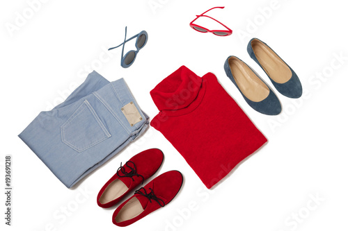 Fashion set of blue jeans, red sweater, shoes and sunglsses on isolated background.
