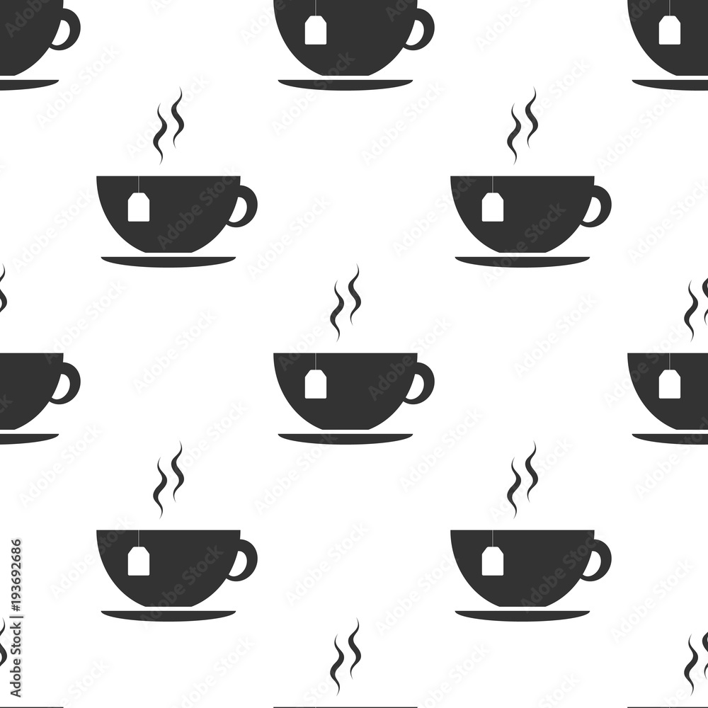 Cup with tea bag icon seamless pattern on white background. Flat design. Vector Illustration