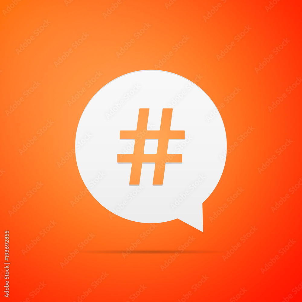 Obraz premium Hashtag in circle icon isolated on orange background. Social media symbol, concept of number sign, social media, micro blogging pr popularity. Flat design. Vector Illustration