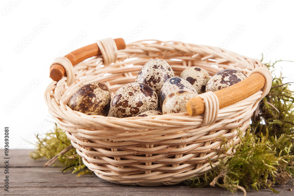 quail egg in basket isolated on white background