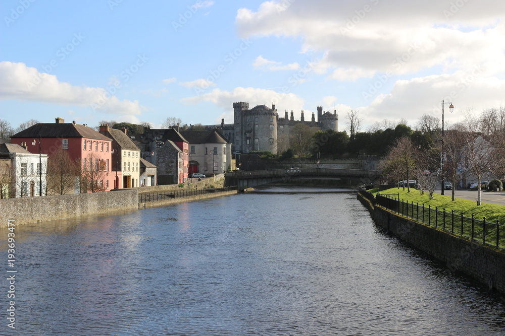 riverside railings view of kilkenny castle town and bridge