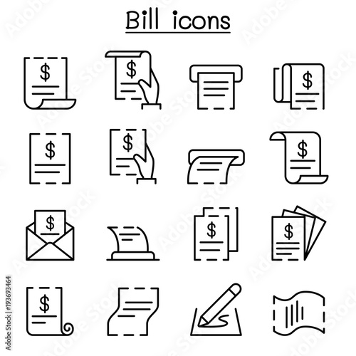 bill, receipt, invoice, contract icon set in thin line style