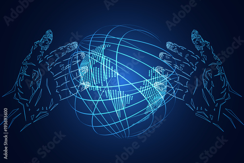 abstract technology background business science consist : hands hi tech blue digital future futuristic, world digital network connection map dot. concept : The world is changing with age.