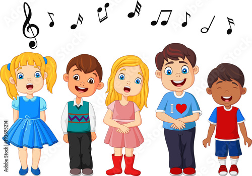 Cartoon group of children singing in the school choir