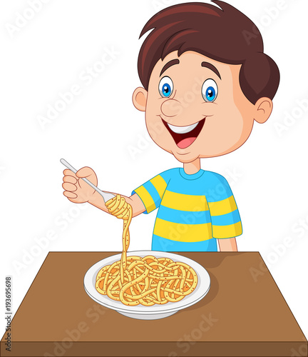 Little boy eating spaghetti