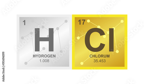 Vector symbol of hydrochloric acid or hydrogen chloride which consists of hydrogen and chlorine on the background from connected molecules photo