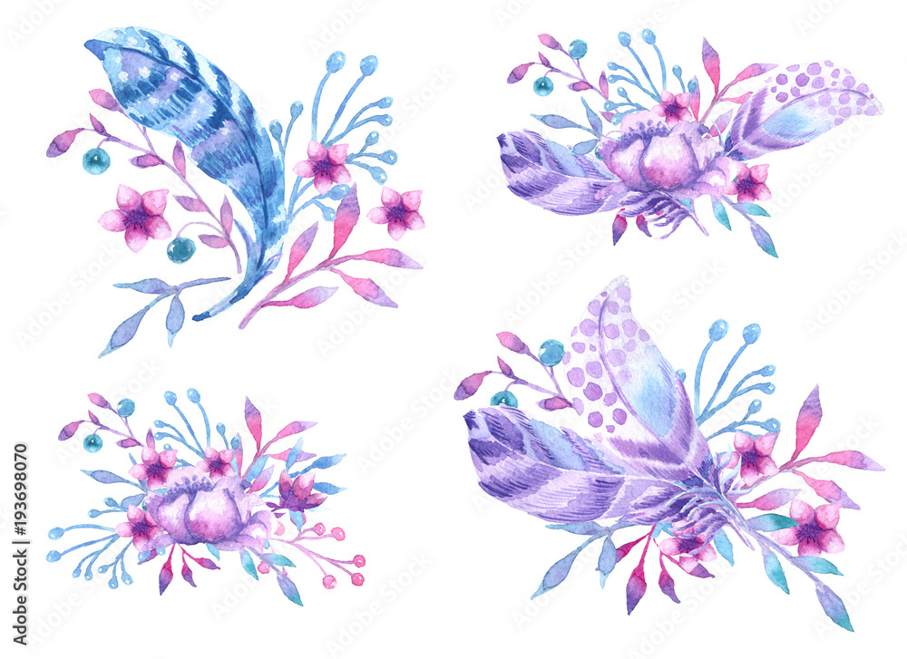 Fototapeta premium Watercolor vignettes with flowers and feathers. Design for invitations, postcards, website, poster, banner
