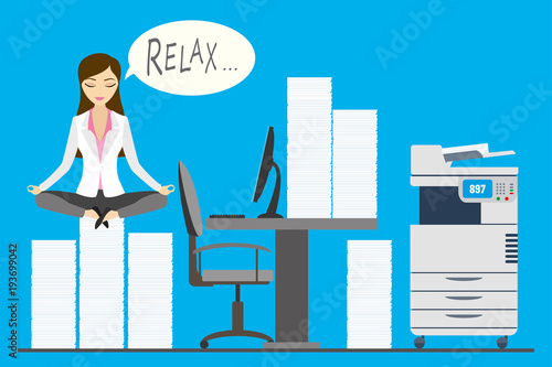 Businesswoman is sitting on pile of paper in a lotus pose