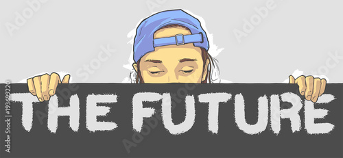 Illustration of young girl holding the future sign banner in color