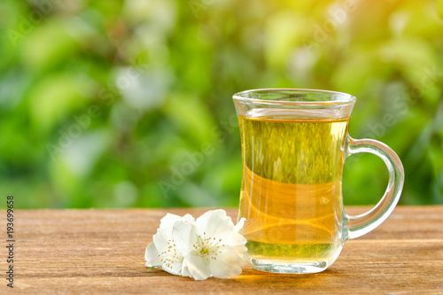 Transparent mug of tea with jasmine on a background of greenery, sunlight. Close-up