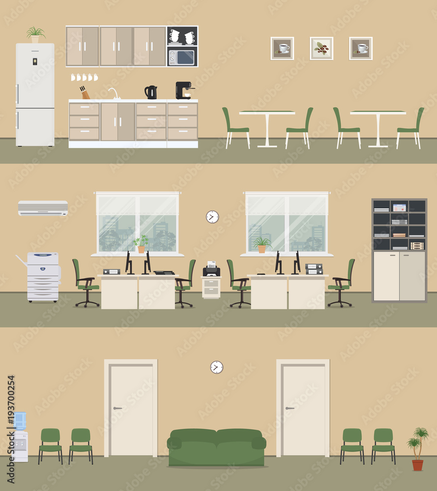 Office premises in a beige color. Office room with white furniture and green chairs, corridor, office kitchen. There is a copy machine, a printer, a conditioner and other objects in the picture.Vector Office premises in a beige color. Office room with white furniture and green chairs, corridor, office kitchen. There is a copy machine, a printer, a conditioner and other objects in the picture.Vector