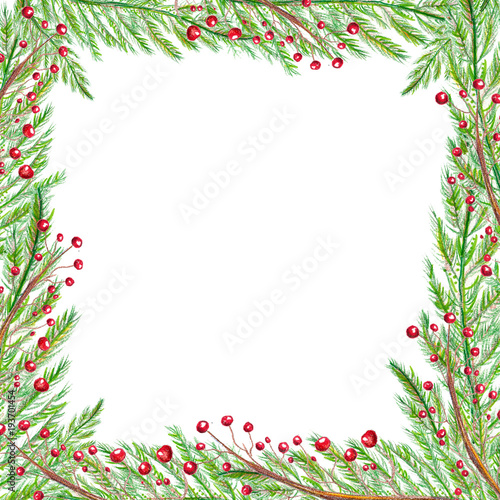 Raster vivid sketchy square frame which resembles fir tree branches. Decoration for different purposes, printed goods, natural theme.