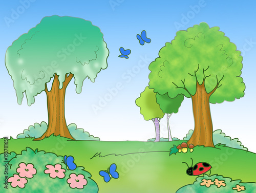 Cartoon wood and cute insects illustration for kids