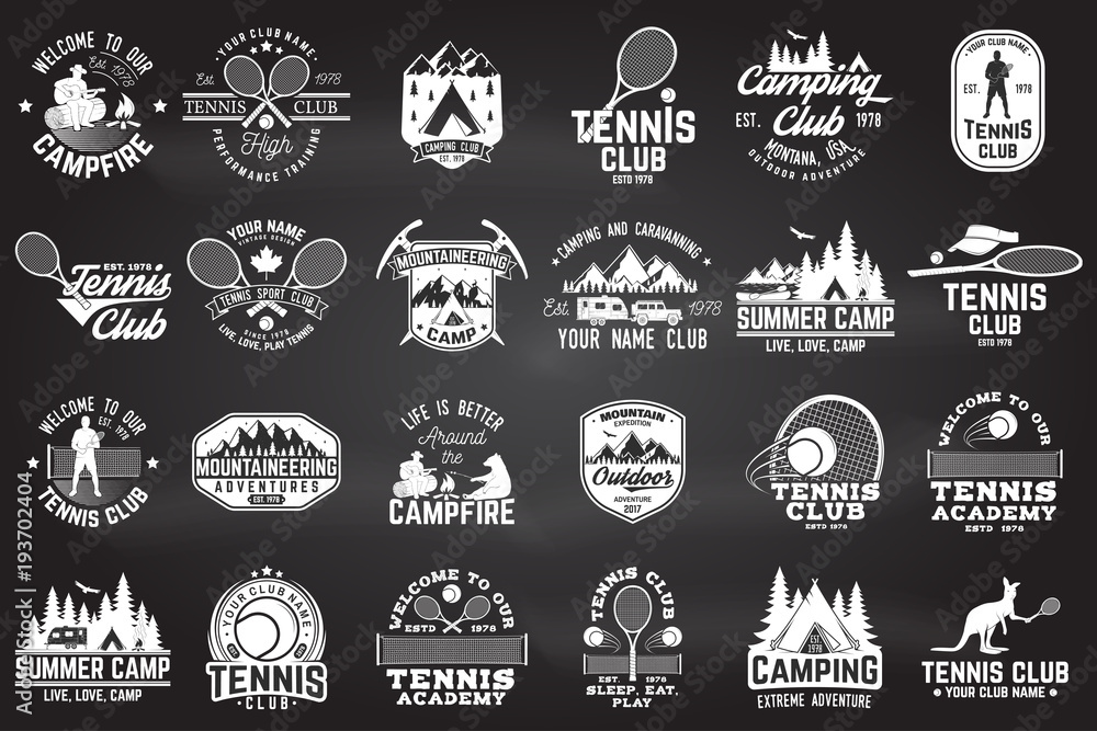 Set of tennis and camping club badge. Vector illustration.