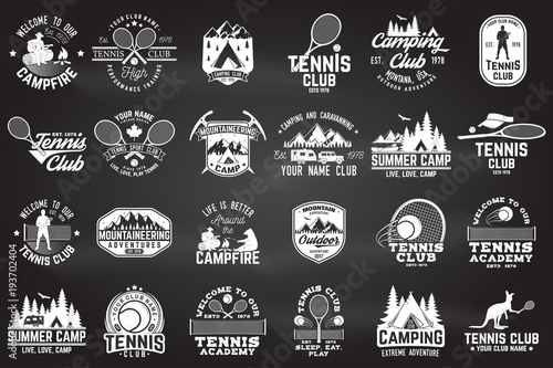 Set of tennis and camping club badge. Vector illustration.