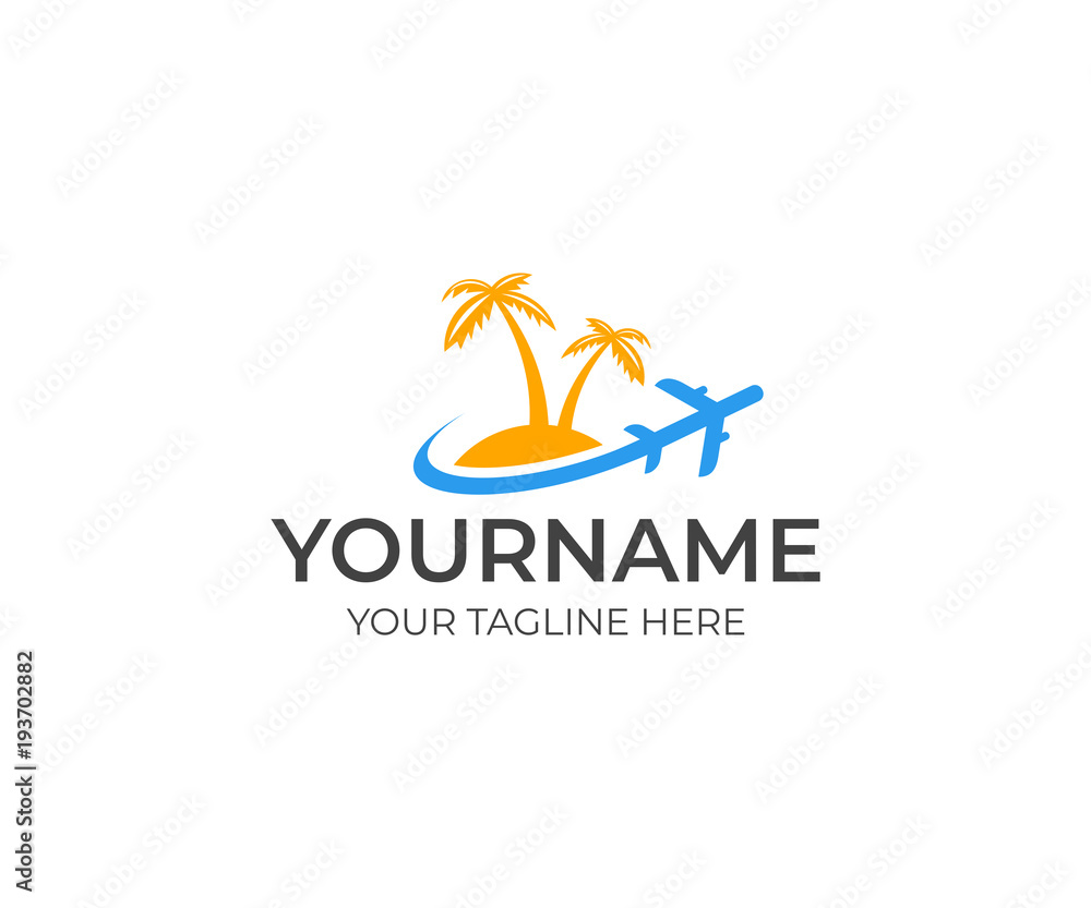Obraz premium Palms on the island and a flying plane logo template. Travel vector design. Airplane and vacation in the resort illustration