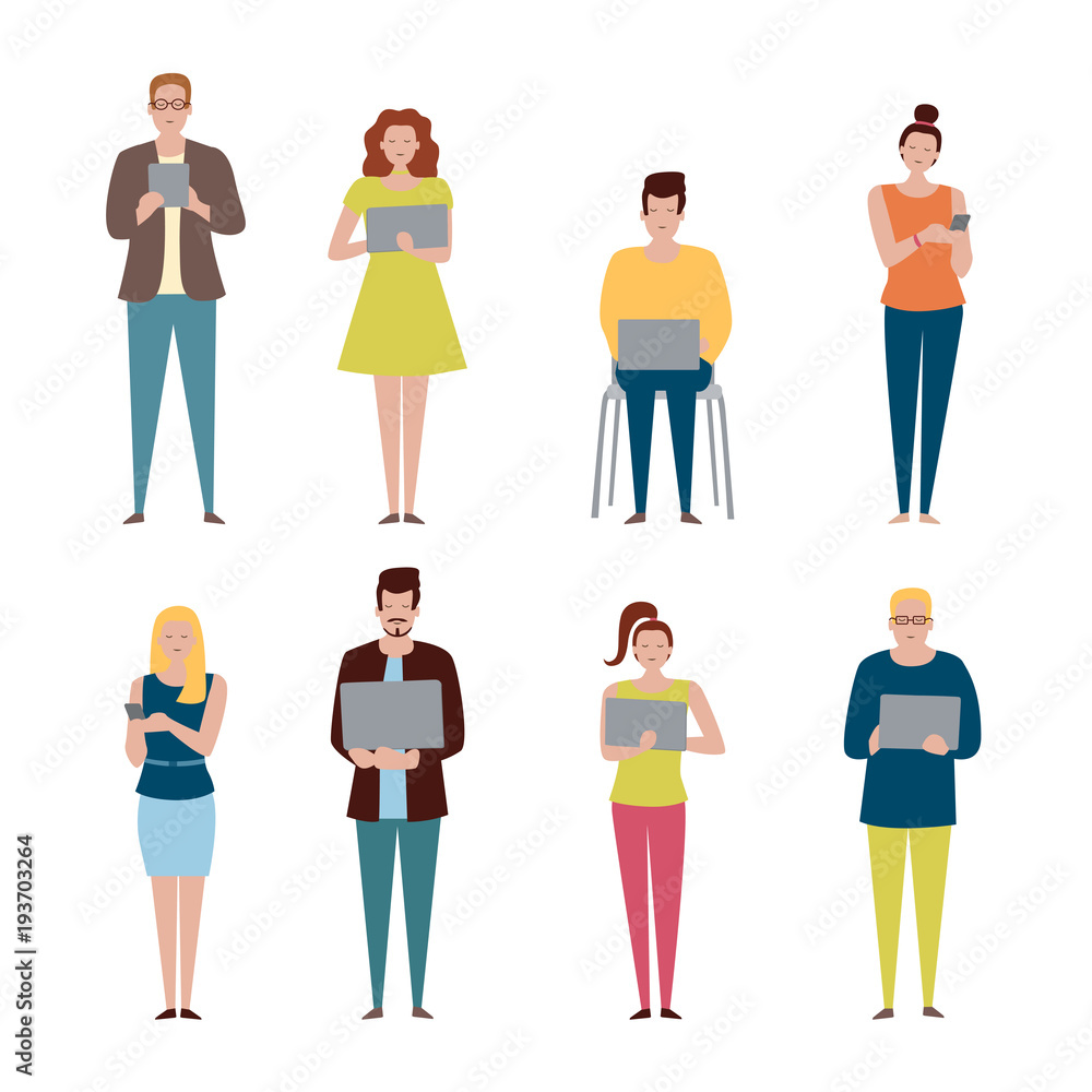 Fototapeta premium Vector set in a flat style of business people with devices