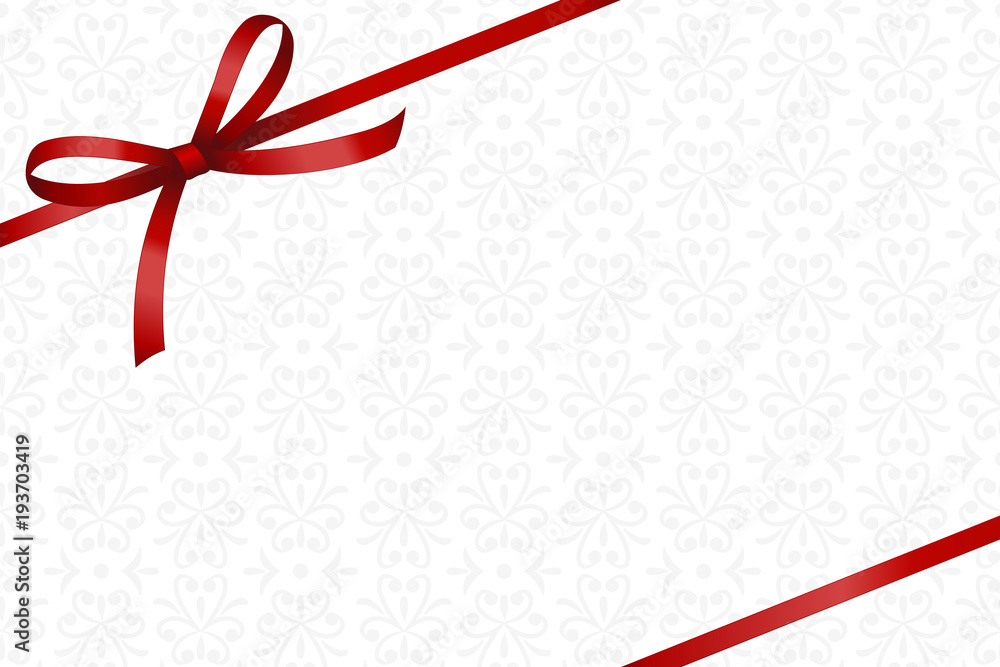 Invitation, Greeting or Gift Card With Red Ribbon And A Bow on Decorative Elements background. Gift Voucher Template with place for text. Invitation, Greeting or Gift Card With Red Ribbon And A Bow on Decorative Elements background. Gift Voucher Template with place for text.