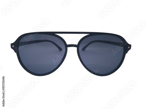 Fashion and healthcare concept. Dark lens of sunglasses with black plasticl frame. Isolated on white background, copy space and clipping path.