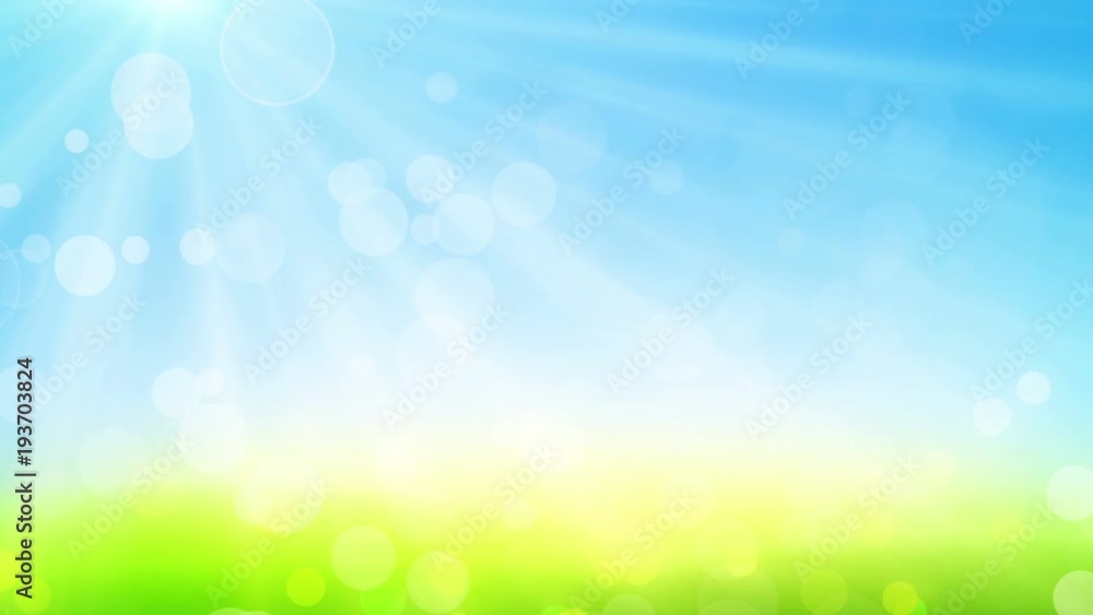 Summer defocused blue sky grass blur, green blue bokeh natural background. Light seamless abstract shine background.