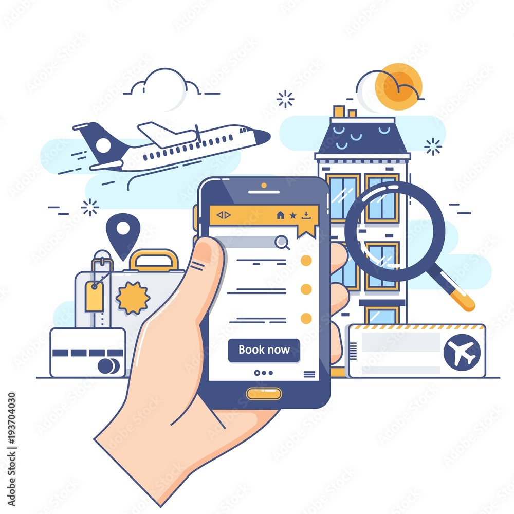 Summer holiday vacation booking online concept.Online booking design  concept for mobile phone hotel, flight, car, tickets. Vector illustration  Векторный объект Stock | Adobe Stock