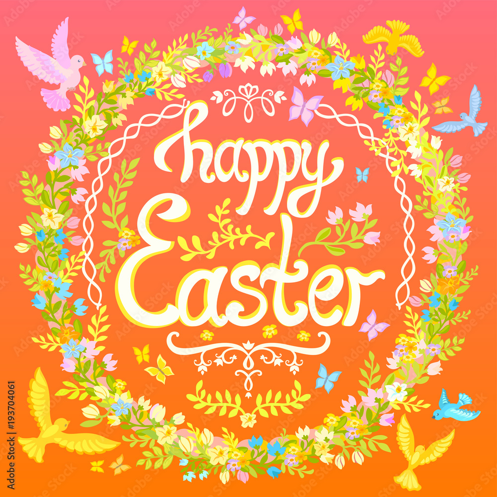 Happy Easter - circle with flowers and birds Happy Easter - circle with flowers and birds