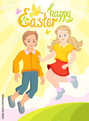 Happy Easter - postcard with two friends - a boy and a girl