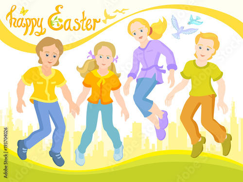 Children are jumping together, sunny postcard, Happy Easter.