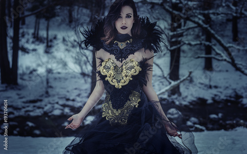 Dark queen, Beautiful brunette woman with gothic dress made in gold and black threads. It is in a snowy forest in winter. fantasy concept