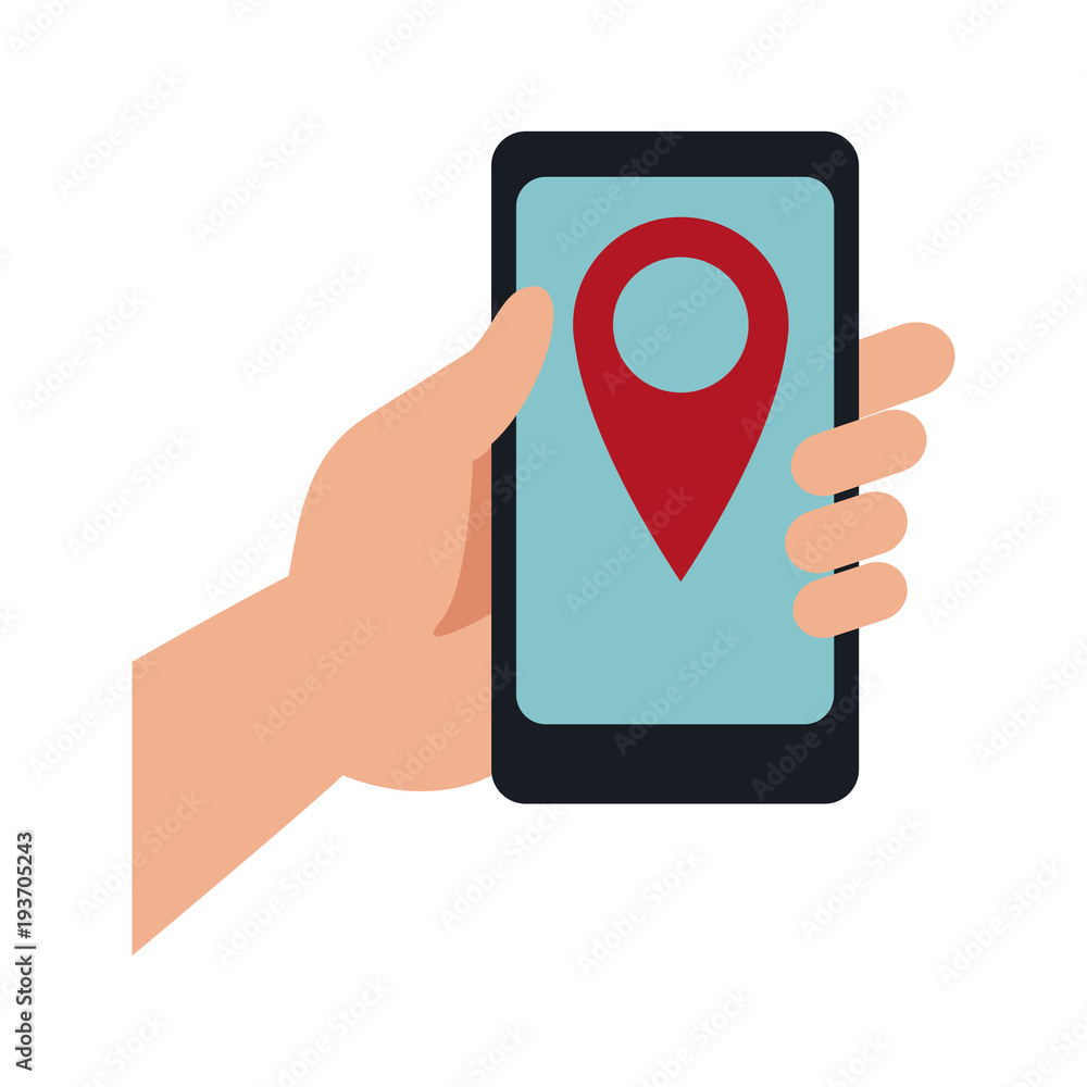 hand holding mobile phone with pin map vector illustration hand holding mobile phone with pin map vector illustration
