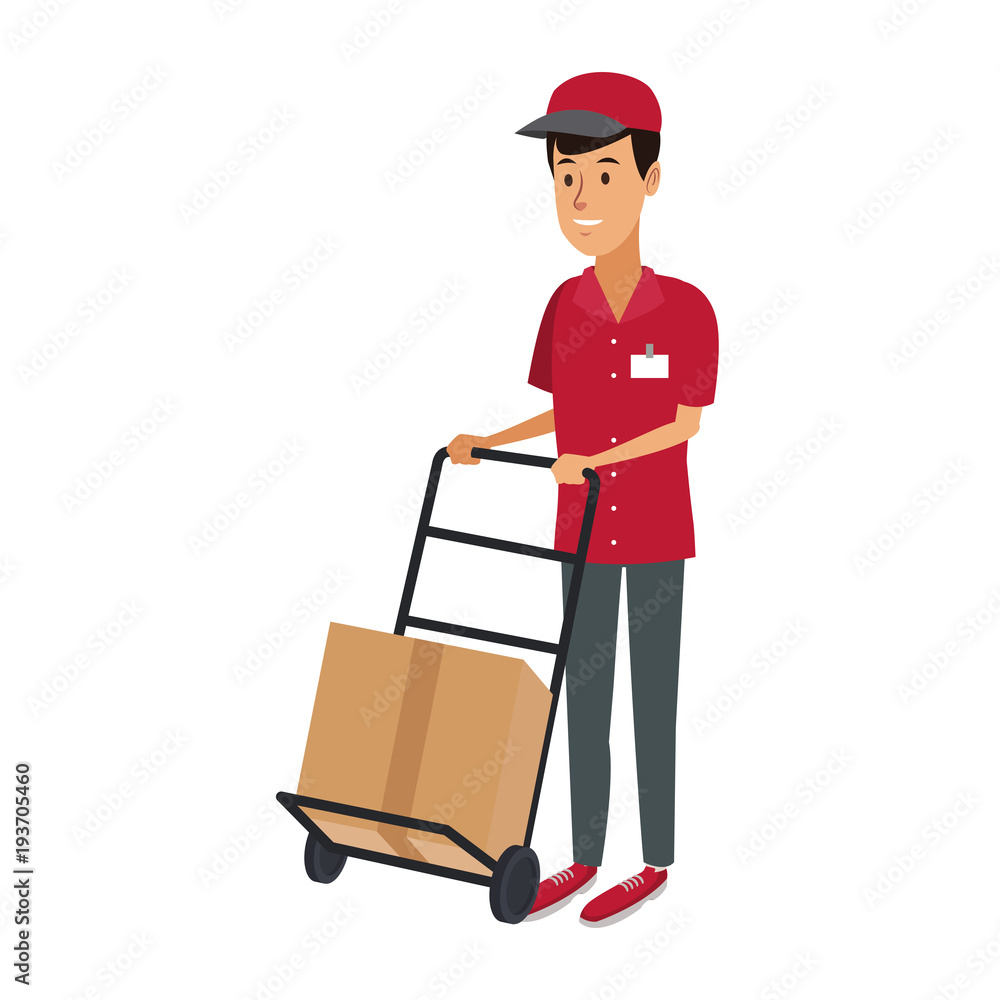delivery man with cardboard box and push cart vector illustration delivery man with cardboard box and push cart vector illustration