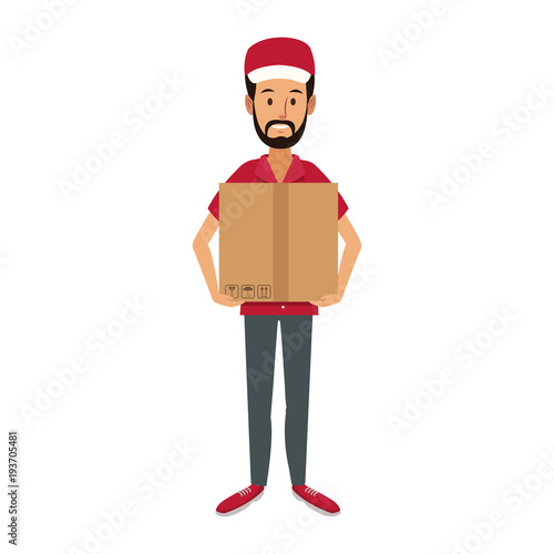 delivery man holding box postal courier package vector illustration