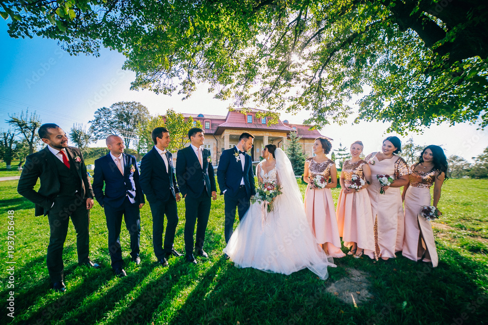 Newlywed couple, bridesmaids & groomsmen having fun outdoors. Bride and groom with best friends posing at sunny green park. Summer picture.