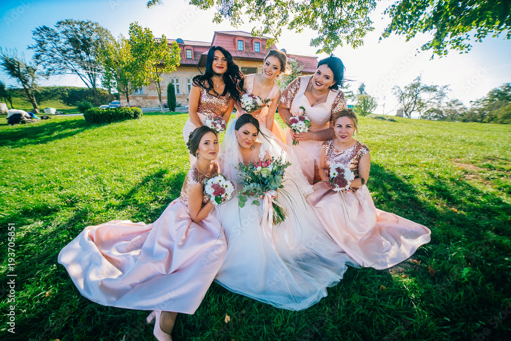 Outdoor portrait of beautiful young bride with her female friends. Funny bridesmaids with bewlyweds at sunny park.
