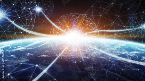 Fototapeta Naklejka Na Ścianę i Meble -  Connections system and datas exchanges on planet Earth 3D rendering