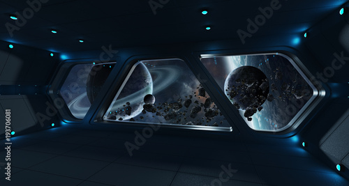 Spaceship futuristic interior with view on exoplanet