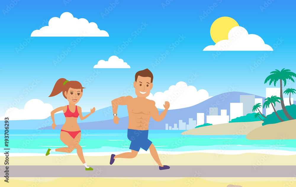 couple jogging and running on the beach