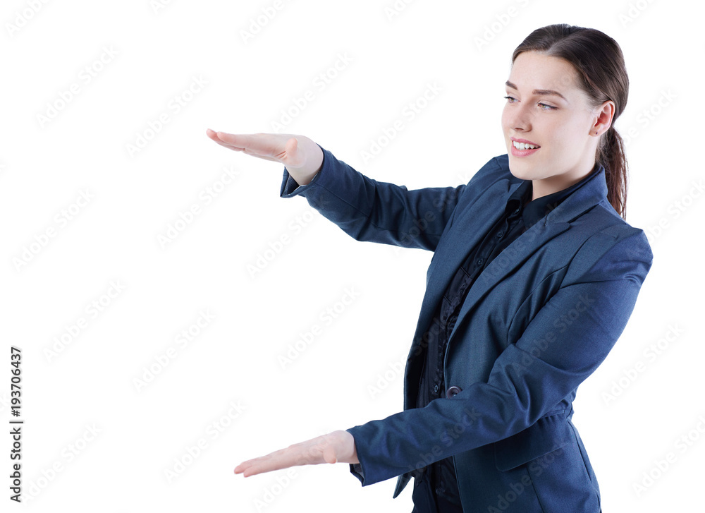 Business woman presenting a copyspace isolated on white background. Business woman presenting a copyspace isolated on white background.