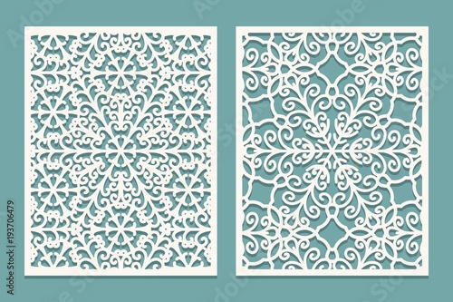 Die and laser cut scenical panels with snowflakes pattern. Laser cutting decorative lace borders patterns. Set of Wedding Invitation or greeting card templates. photo