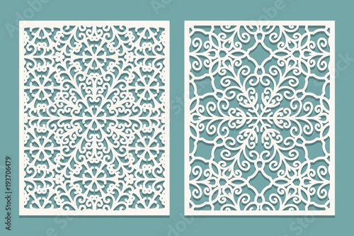 Die and laser cut scenical panels with snowflakes pattern. Laser cutting decorative lace borders patterns. Set of Wedding Invitation or greeting card templates.