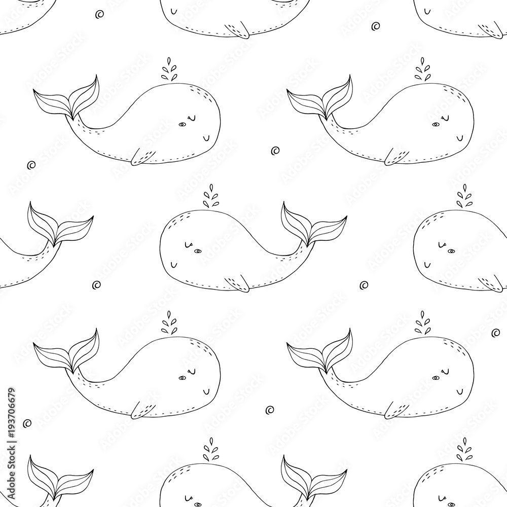 Obraz premium Cute background with cartoon whales. Baby shower design.