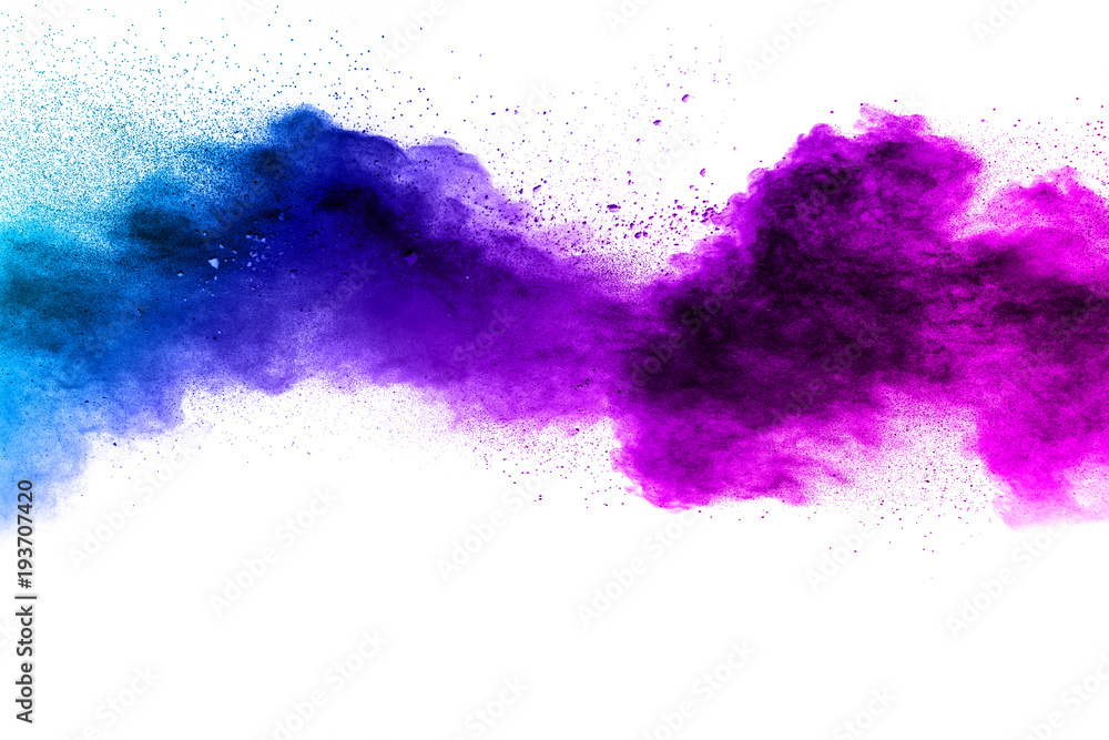 Blue-Purple color powder explosion cloud isolated on white background.Closeup of Blue-Purple dust particles splash isolated on  background.
