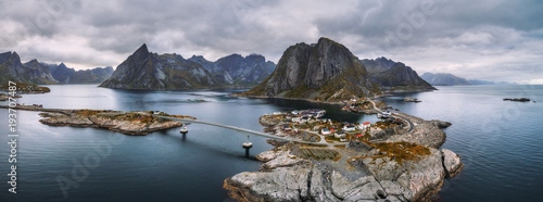 Foto Aerial view of fishing villages in Norway
