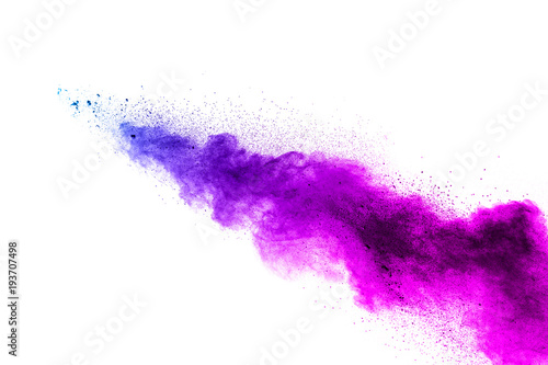 Blue-Purple color powder explosion cloud isolated on white background.Closeup of Blue-Purple dust particles splash isolated on  background.