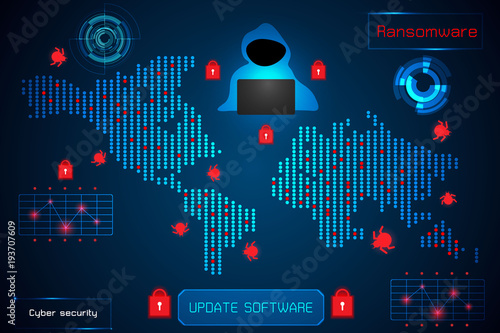 infographic abstract technology concept information of ransomware alert warning, antivirus, malware, hacker and virus crime ; design of hud interface on hi tech background