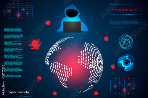infographic abstract technology concept information of ransomware alert warning, antivirus, malware, hacker and virus crime ; design of hud interface on hi tech background