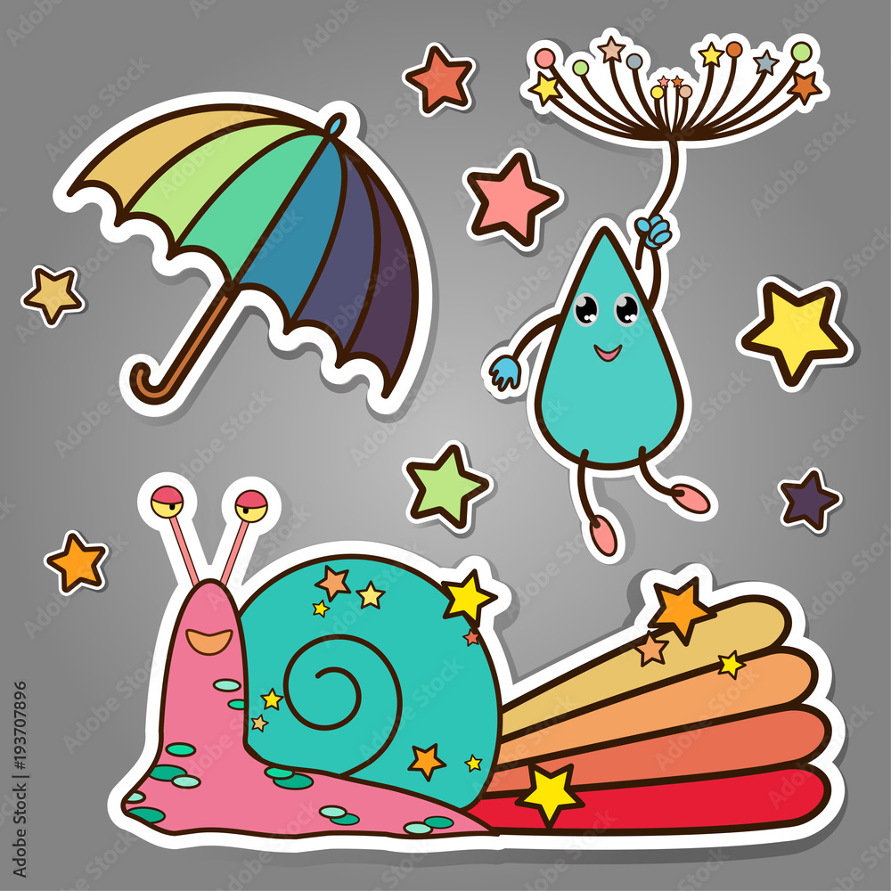 cute doodle sticker style of spring theme snail, rain drop,umbrella