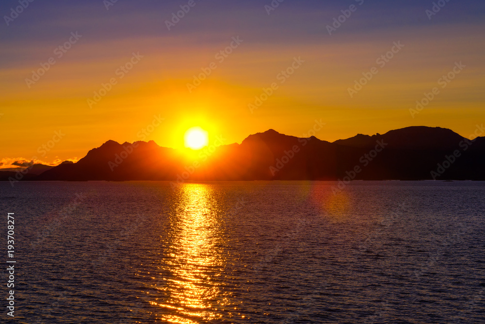 Sunset over the mountains of Lofoten islands 