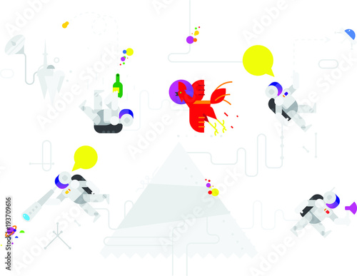 Astronauts in cartoon style. Vector Characters. Flat illustration. Characters isolated on white background. Illustration of cosmonauts in space for advertising, website and printing. A red rooster in 